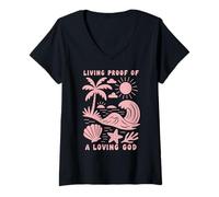 Donna Prova Vivente di Un Dio amorevole Beach Wave Ocean Christian Maglietta con Collo a V