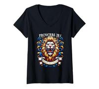 Donna Proverbi 28:1 Verso della Bibbia Ispirazione Bold as a Lion Design Maglietta con Collo a V