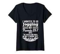 Donna Proverbi 29:1 Divertente Jogging Corsa Maratona Allenamento Palestra Maglietta con Collo a V