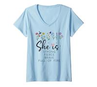 Donna Proverbs 31 She is Strong Fierce Brave Full Fire Christian Maglietta con Collo a V