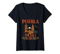 Donna Puebla Mexico Retro Travel Mexicano Zocalo Chicano Poblano Maglietta con Collo a V