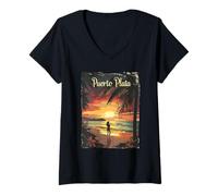Donna Puerto Plata Tramonto Palma Paradiso Maglietta con Collo a V