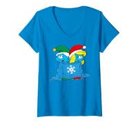 Donna Puffetta Natalizia con puffi, Coccole e Scritta Best Hug Friend Maglietta con Collo a V