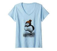 Donna Puffin con Berretto Rosso - Uccello Nordico Maglietta con Collo a V