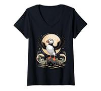Donna Puffin Howling at The Moon Seabird Birder Parody Maglietta con Collo a V