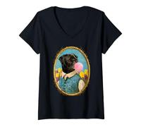 Donna Pug Blowing Bubble Gum Divertente Storico Cane Ritratto Maglietta con Collo a V