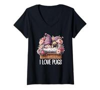 Donna Pug Dad Gnome Floral Graphic For Garden Lover I Love Pugs Maglietta con Collo a V