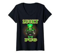 Donna Pug Dog Lucky Charm Shamrock Funny St Patricks Day Maglietta con Collo a V