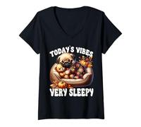 Donna Pug Fall Graphic for Pug Mom Autumn Sleep Dog for Pug Lovers Maglietta con Collo a V