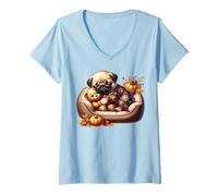 Donna Pug Fall Sleeping Dog Graphic for Pug Mom with Autumn Vibes Maglietta con Collo a V