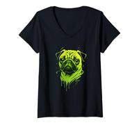 Donna Pug Graffiti Street Art Urban Style Carino Ritratto Maglietta con Collo a V