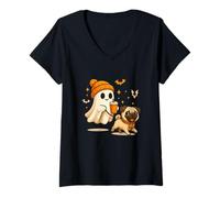 Donna Pug Halloween Ghost Walking Pug Dog Maglietta con Collo a V