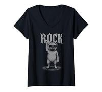 Donna Pug Rock Music Retro Vintage Amante dei cani Maglietta con Collo a V