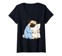 Donna Pug Sleeping in Cute Pigiama Sleep Dog Maglietta con Collo a V