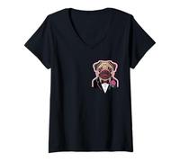 Donna Pug Smoking Dapper Rosa Papillon San Valentino Cane Maglietta con Collo a V