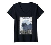 Donna Pug t Shirt Pugzilla in blu film poster stile retrò Maglietta con Collo a V