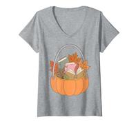 Donna Pumpkin Book Basket Autumn Reading Fall Leaves Bookworm Maglietta con Collo a V