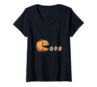 Donna Pumpkin Chasing Little Ghosts Spooky Stagione Divertente Maglietta con Collo a V