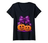 Donna Pumpkin di papi di prua di Halloween simpatico inquietante Maglietta con Collo a V