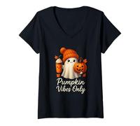 Donna Pumpkin Vibes Only Cute Ghost Latte Fall Halloween Estetica Maglietta con Collo a V