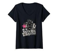 Donna Punk Cat Nine Lives No Masters Mohawk Anarchy Maglietta con Collo a V
