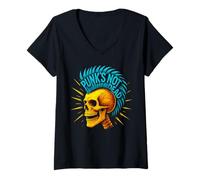 Donna Punk Cranio Con Mohawk Capelli Blu Stile Grunge Rock Maglietta con Collo a V