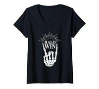 Donna Punk Rock Skeleton Hand Horn Halo Spaventoso Halloween Maglietta con Collo a V