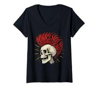 Donna Punk Skull Con Mohawk Capelli Rossi Stile Grunge Rock Maglietta con Collo a V