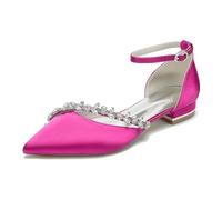 Donna Punta A Punta Ballerine da Sposa in Raso Cinturino alla Caviglia Scarpe da Sposa Strass Appartamenti da Sposa,Fuchsia,41 EU