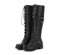 Donna Punta Tonda Stivali Alti al Ginocchio Rivetto in Pelle Casuale Boots Goth Punk Stringata Scarpe Invernali da Motociclista,Nero,43 EU