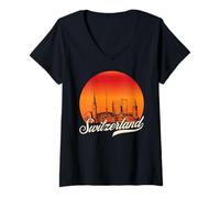 Donna Punti di Riferimento della Svizzera Tramonto Vintage Maglietta con Collo a V
