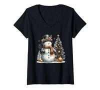 Donna Pupazzo di Neve e Albero di Natale Retro Holiday Winter Wonderland Maglietta con Collo a V