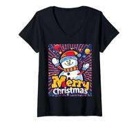 Donna Pupazzo di Neve Pop Art Carino Natale Xmas Maglietta con Collo a V
