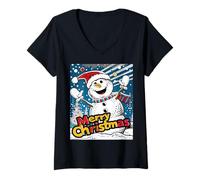 Donna Pupazzo di Neve Pop Art Carino Natale Xmas Maglietta con Collo a V