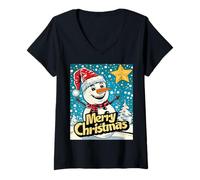 Donna Pupazzo di Neve Pop Art Carino Natale Xmas Maglietta con Collo a V