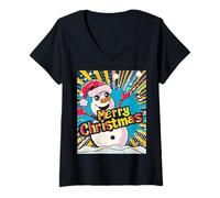 Donna Pupazzo di Neve Pop Art Divertente Natale Xmas Maglietta con Collo a V