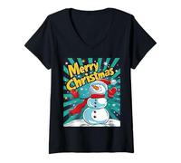 Donna Pupazzo di Neve Pop Art Divertente Natale Xmas Maglietta con Collo a V