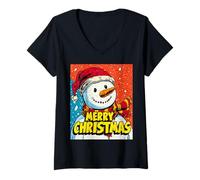 Donna Pupazzo di Neve Pop Art Merry Christmas Xmas Maglietta con Collo a V
