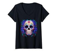 Donna Purple Floral Black Sugar Skull Day of The Dead Mexican Art Maglietta con Collo a V