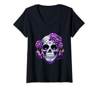 Donna Purple Floral Black Sugar Skull Day of The Dead Mexican Pray Maglietta con Collo a V