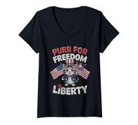 Donna Purr For Freedom, gattino con bandiere scintillanti degli Stati Uniti Maglietta con Collo a V