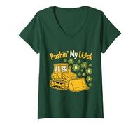 Donna Pushing My Luck 6 7 St Patrick Bulldozer Shamrock per Bambini Maglietta con Collo a V