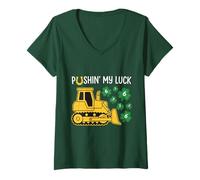Donna Pushing My Luck St Paddy Day 67 Lucky Construction Bulldozer Maglietta con Collo a V