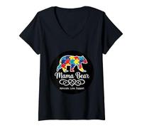 Donna Puzzle per la consapevolezza dell'autismo, Mamma Orso sostenitore, Supporto per Amore Maglietta con Collo a V