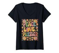 Donna Puzzle Solver 60s 70s Hippie Retro Peace Love Puzzle Maglietta con Collo a V