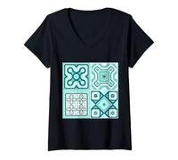 Donna Quadri geometrici Aqua e Turchese Motivo Mediterraneo Maglietta con Collo a V
