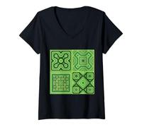Donna Quadri Geometrici Verde Motivo Mediterraneo Maglietta con Collo a V