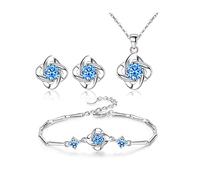 Donna Quadrifoglio Parure Gioielli in Argento Cristalli Ciondolare Collana Bracciale Orecchini Set Strass Set di Gioielli da sposa Festa Compleanno Anniversario Natale San Valentino Regali (Blu)