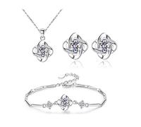 Donna Quadrifoglio Parure Gioielli in Argento Cristalli Ciondolare Collana Bracciale Orecchini Set Strass Set di Gioielli da sposa Festa Compleanno Anniversario Natale San Valentino Regali (Bianco)