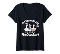 Donna Qualcuno ha Detto FireQuacker Funny 4th of July Goose Design Maglietta con Collo a V